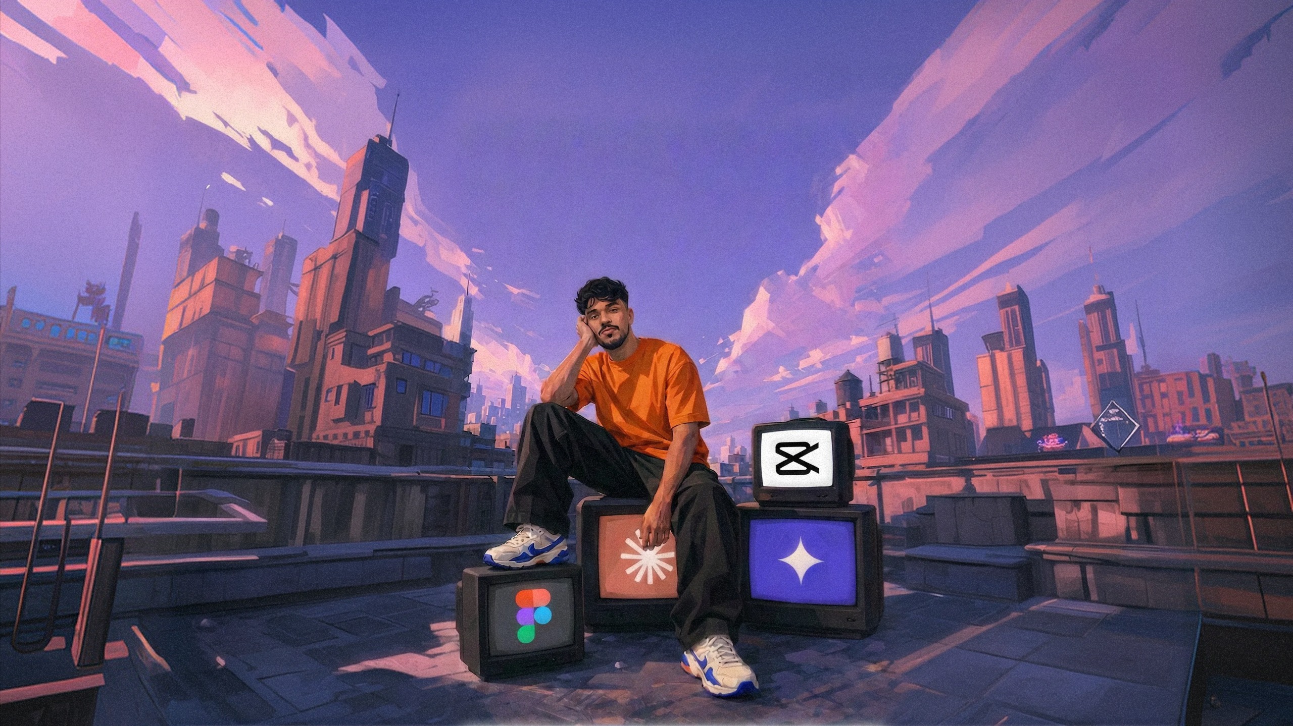Nadeem N Mohammed sitting on retro TV sets on a city rooftop at dusk