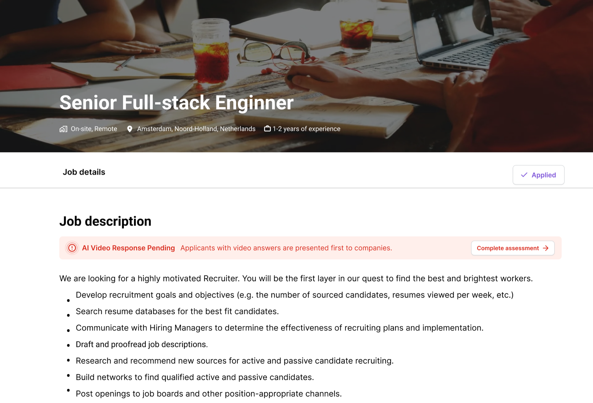 Job detail page with an 'AI Video Response Pending' prompt, applicants with video answers are presented first