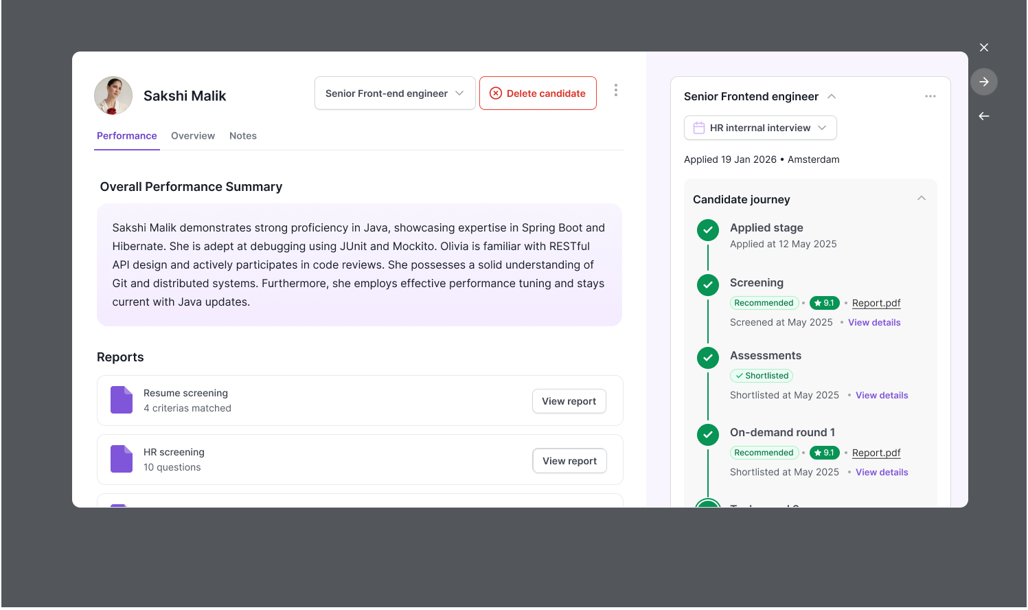 Full candidate profile with performance summary, reports, and screening journey