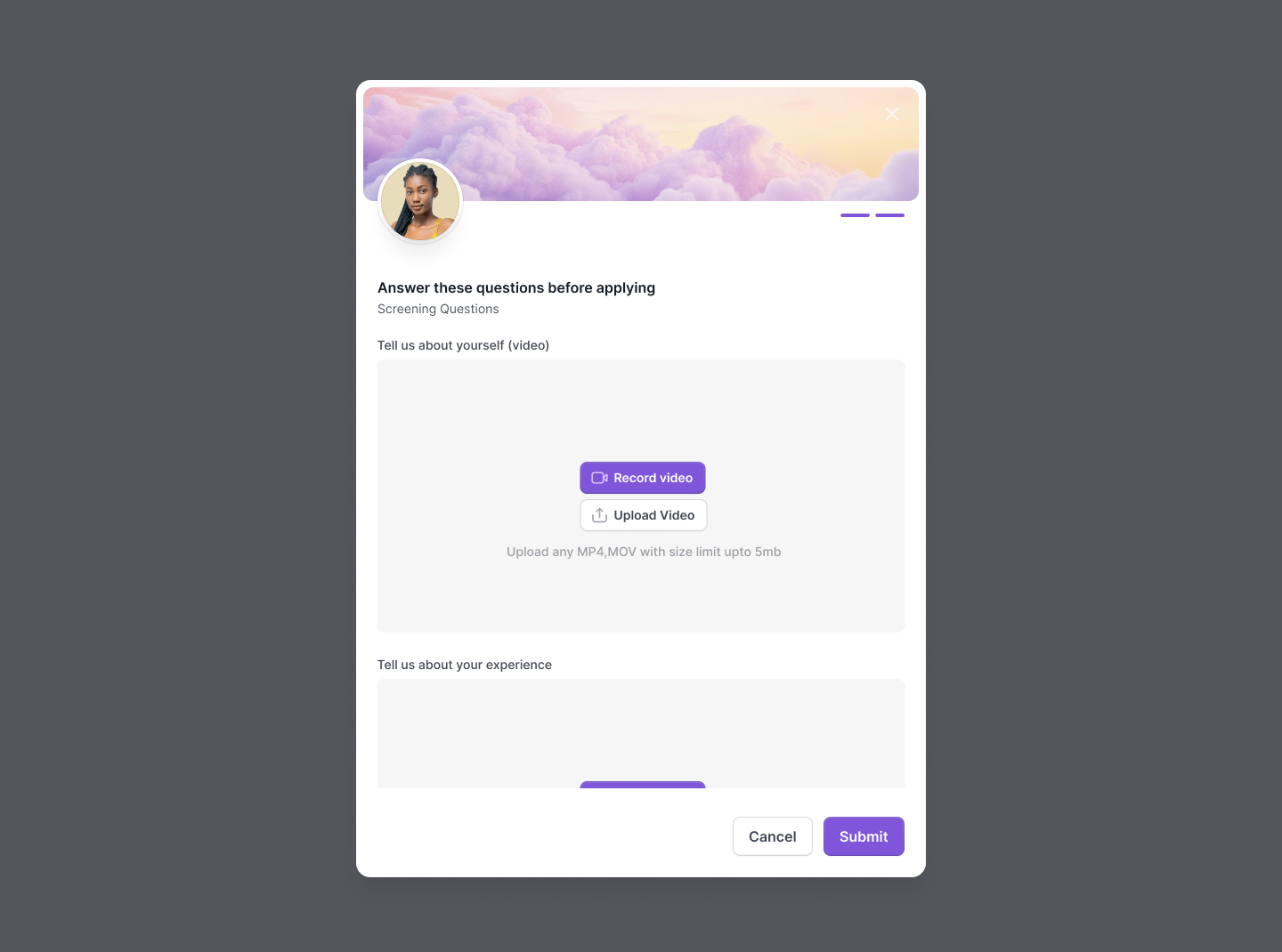 Screening questions modal, candidate records or uploads a video answer