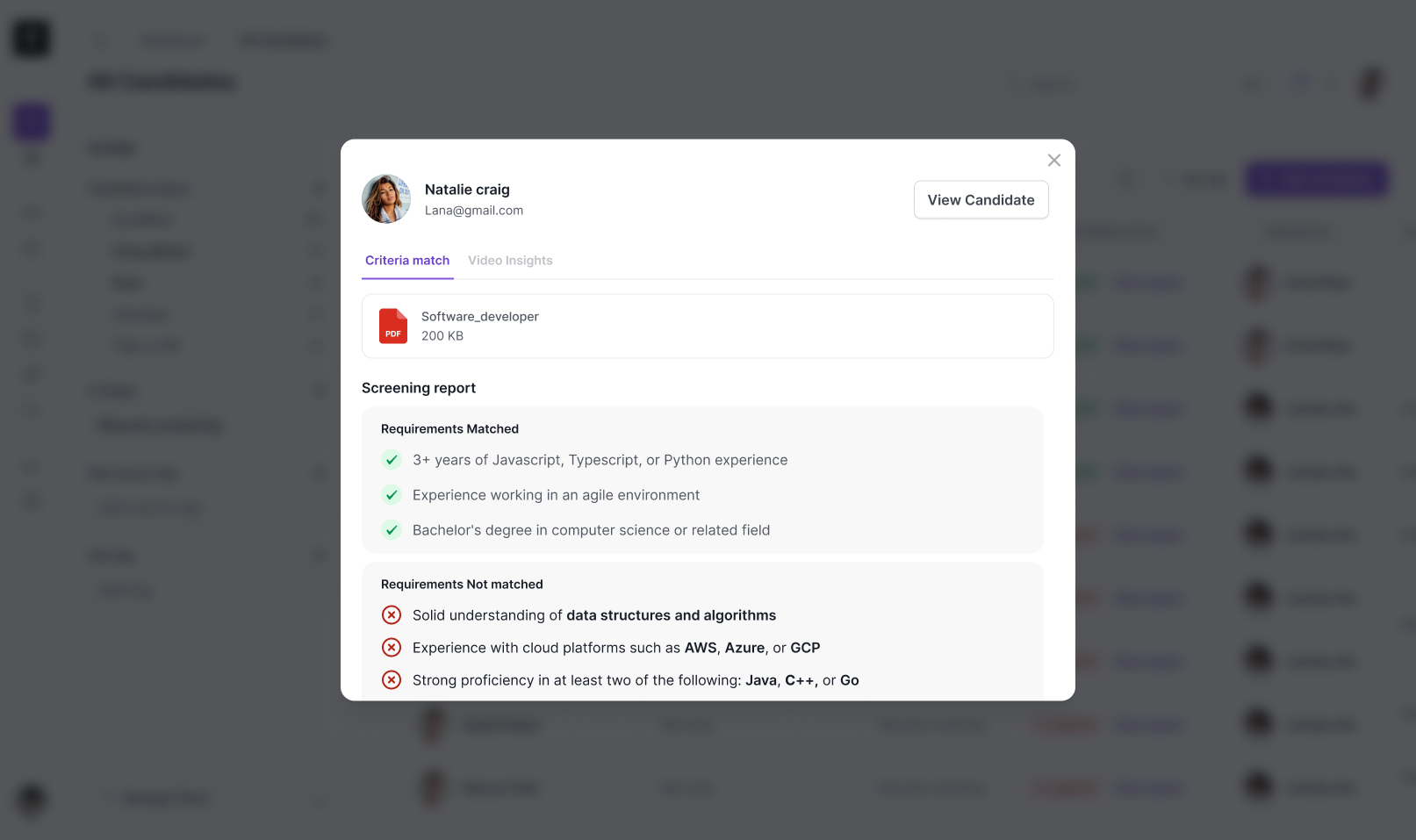 Criteria match modal, green checks for matched requirements and red X marks for unmet ones