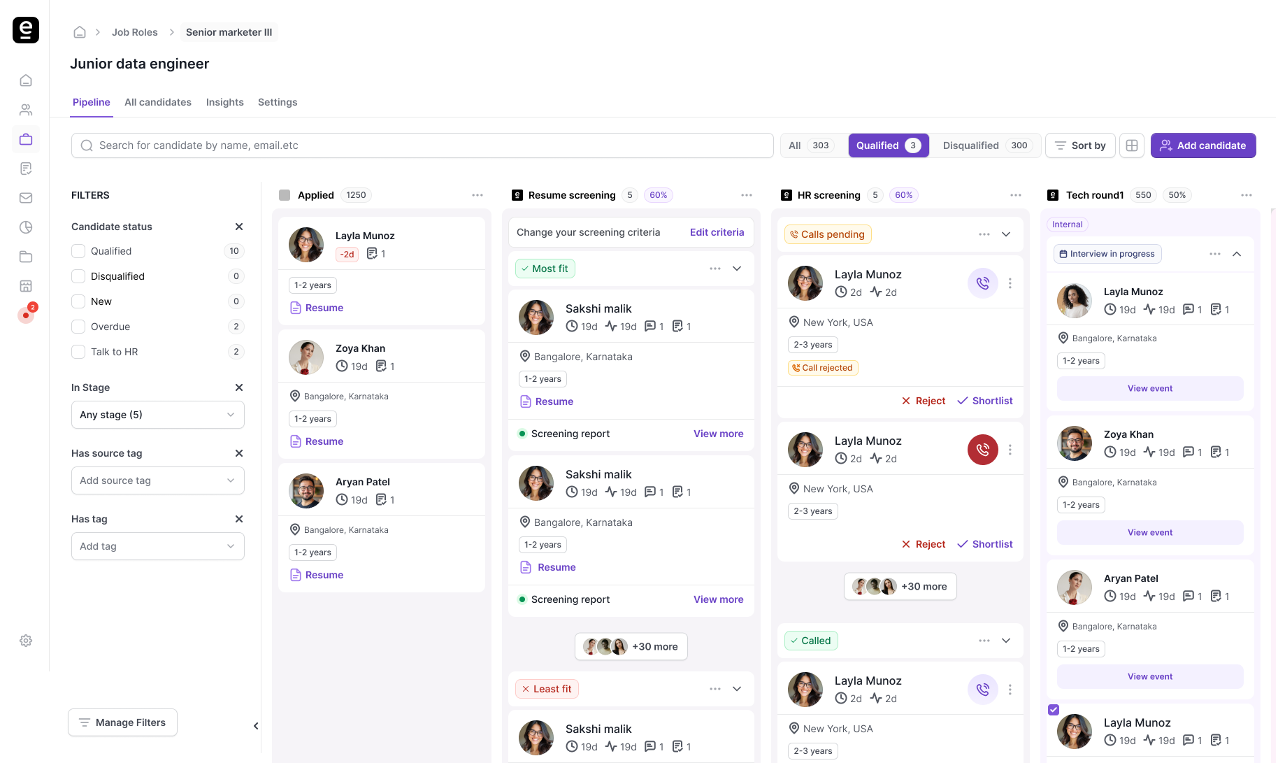 All Candidates table view, fit status tags, screening scores, and View report links