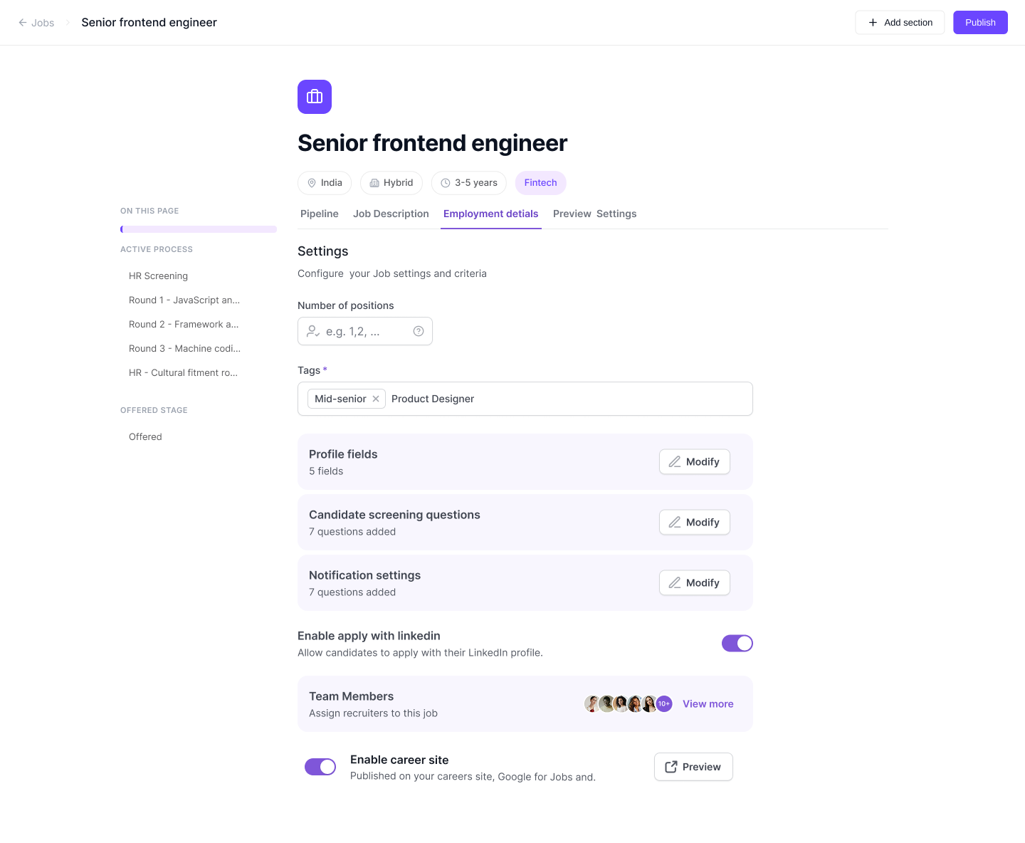 Job Settings tab, configure positions, tags, profile fields, candidate screening questions and notifications when creating a job