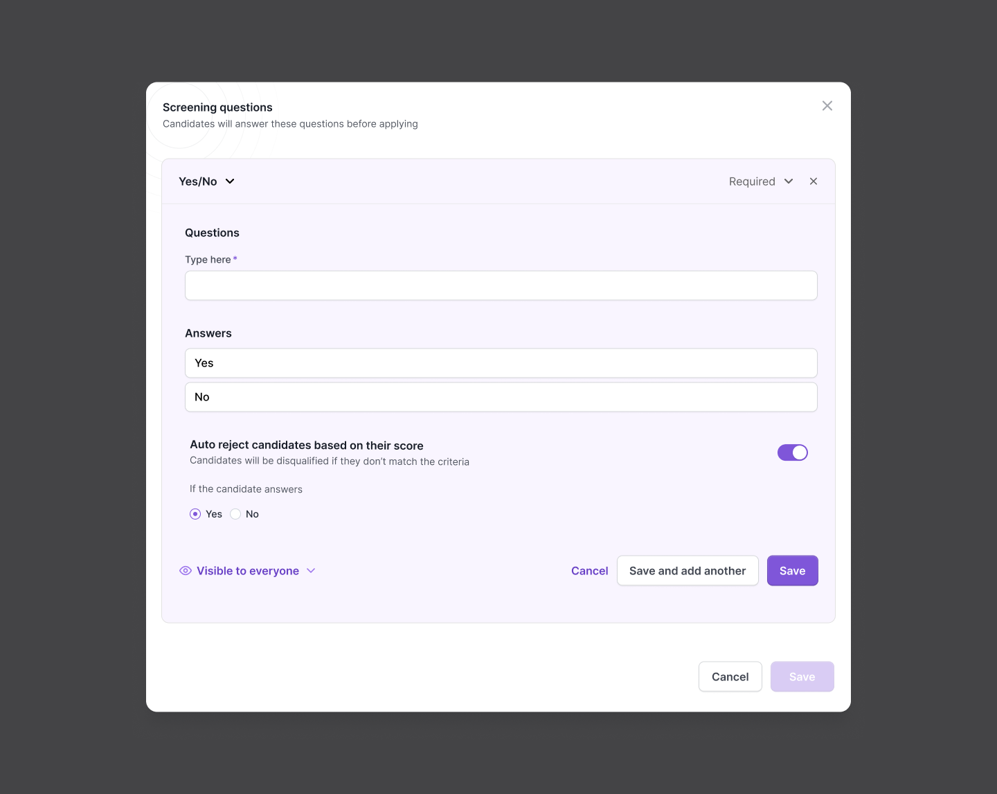 Screening questions modal, Yes/No question with answers and auto-reject toggle