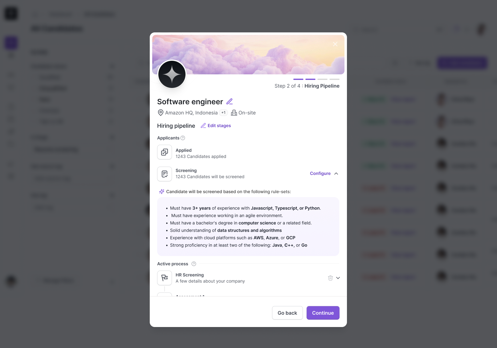 Hiring pipeline configuration modal, screening rule-sets