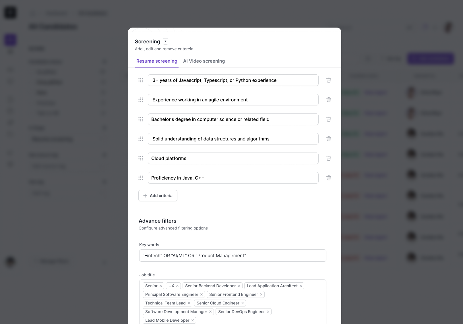 Detailed screening criteria editor with advanced filters