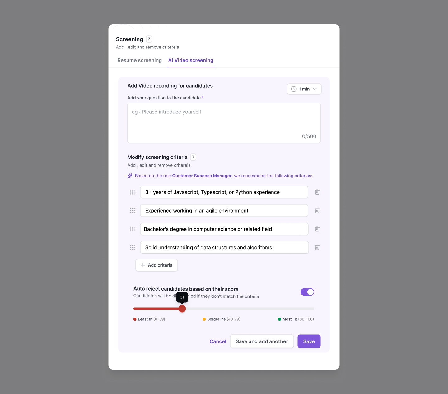 AI Video screening tab, video prompt, plain-English criteria, and auto-reject score threshold